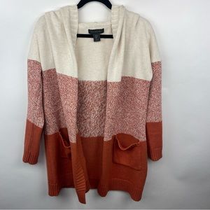 Tahari Womens Long Heavyweight Cardigan Hooded Orange Cream Cotton Size Medium